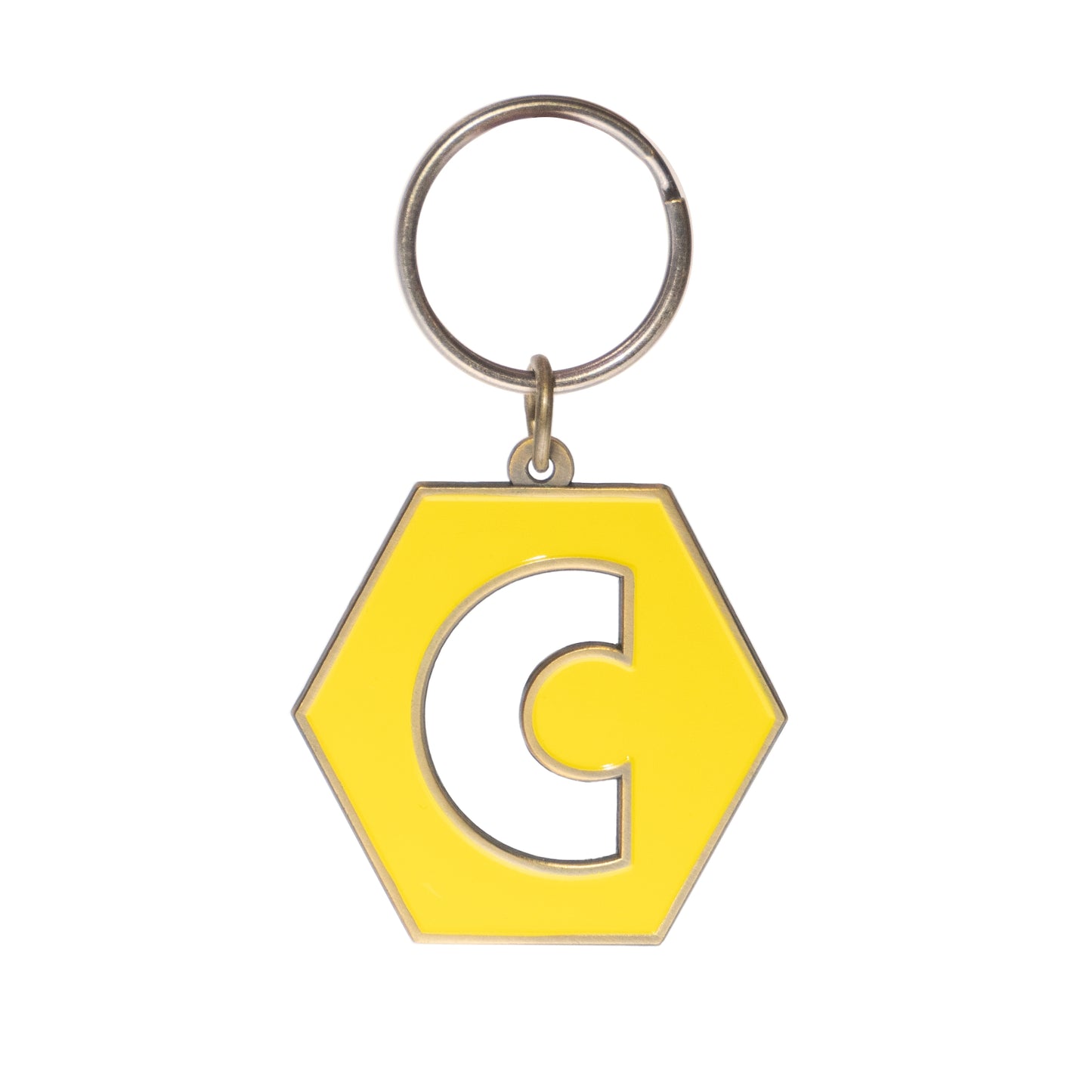 Front of Canadaland "C" logo keychain. Brass and Yellow enamel.